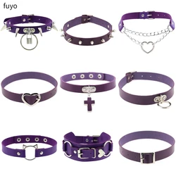 2023 Punk Purple PU Leather Cross link chain Round Spike Rivet Collar goth Choker Necklace for women Body Party gothic Jewelry