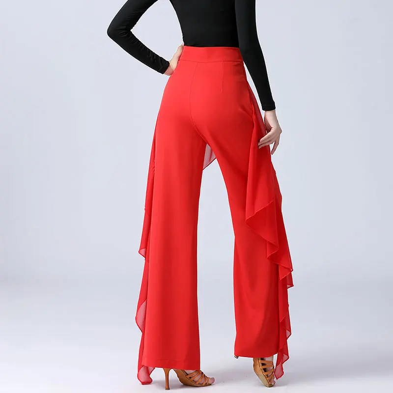 Latin Dance Pants Practice Ballroom Dance Wide-Leg Pants Dance Pants Modern Dance Dance Women's High Waist Ruffle Wide Pants 5XL