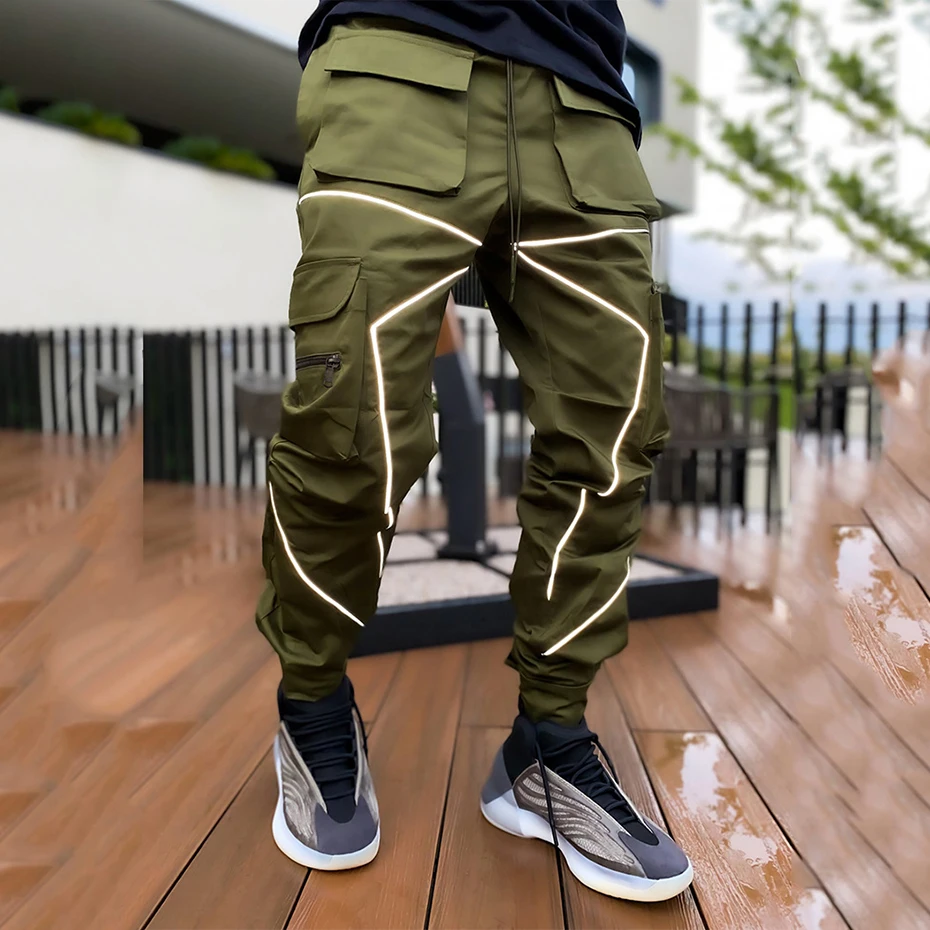 Joggers Cargo Pants Reflective Stripe Fashion Streetwear Hip Hop Sweatpants Black White Patchwork Hipster Mens Trousers