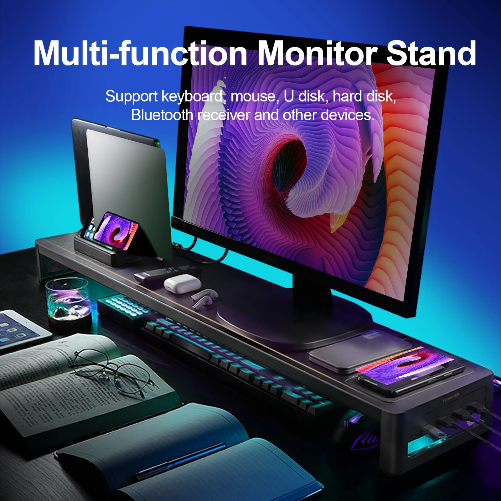 Support de moniteur en métal avec chargement sans fil, support de bureau pour touristes, support de stockage pour clavier et souris, prise en charge des ports USB airies, transfert de données