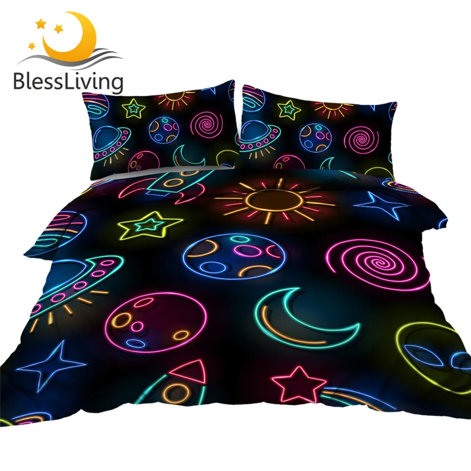 

BlessLiving Alien Bedding Set Stars Moon Duvet Cover Set Watercolor Spaceship Bedclothes Outer Space Home Textiles Dropship 3pcs