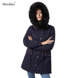 Women's Winter Jacket Hooded Warm Coat Fashion Mid-Length Fur Collar Hooded Jacket Women's Cotton Clothing Outdoor Sports Jacket