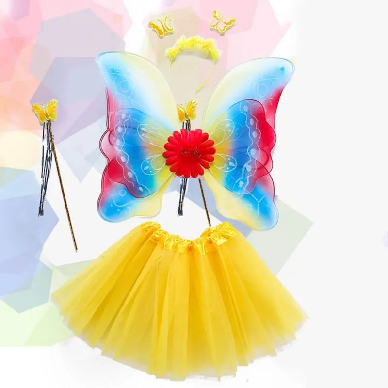 4Pcs Girls Fairy Costume Set Rainbow Butterfly Wings Three Layers Tulle Tutu Skirt Wand Headband Princess Halloween Party 3-8T image 4