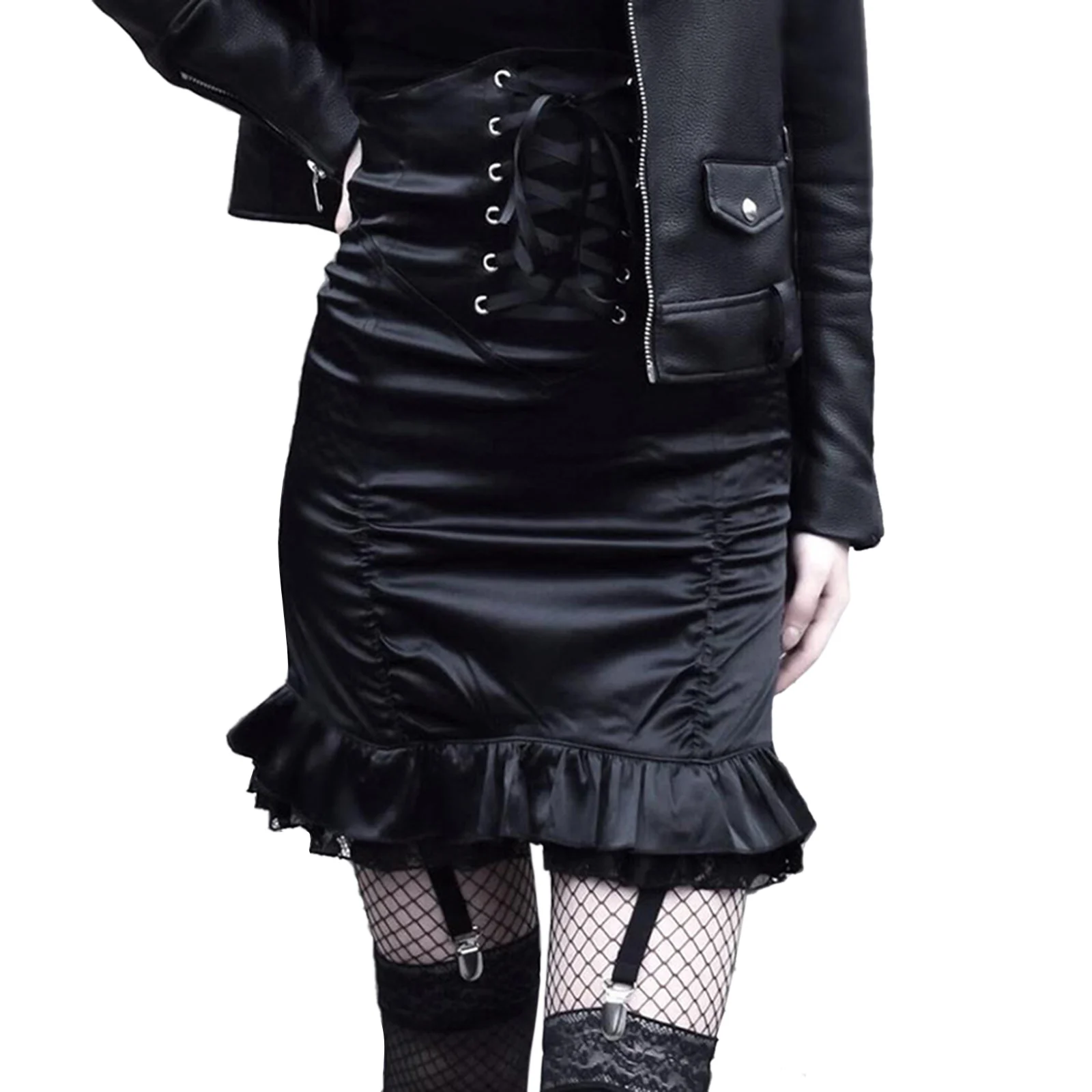 Women's Bodycon Mini Skirt Gothic High Waist Criss Cross Lace Up Ruffle Trim Short Pencil Skirt