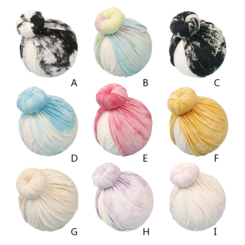 

18pc/lot New Baby Boys Girls Knot Bows Turban Hats Toddler Tie Dye Beanie Caps For Kids Newborn Tie Dyed Hat Donuts Bun Headband