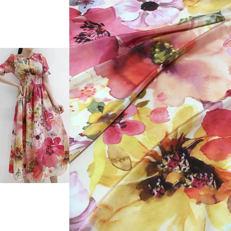 

Big flower printing age reduction sweet pink elastic crepe de chine dress shirt printing mulberry silk high fashion fabric