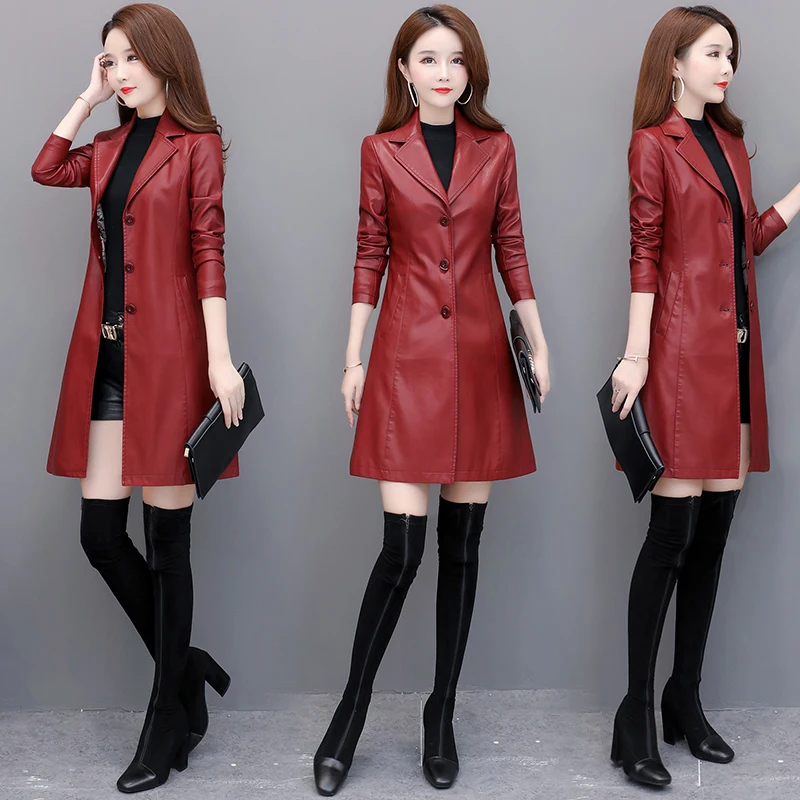 Abrigo de cuero Pu para mujer, chaqueta de medio largo para motocicleta, rompevientos de cuero de imitación, negro y rojo, moda de otoño, primavera
