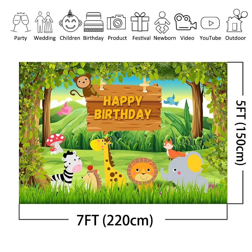Fondos de decoración de fiesta de animales de Safari en la jungla, bosque salvaje, cartel de feliz cumpleaños, telón de fondo personalizado para fotomatón