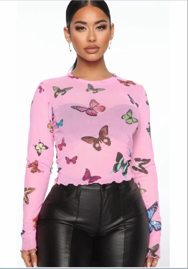 Ladies Colorful Butterfly Printed Top Sexy Perspective Streetwear Long Sleeve Top Female Casual Base Shirt Clothing