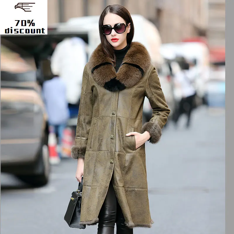 

Winter Coat Women Double Faced Real Fur Coat Female Luxury Rabbit Fur coat Women Fox Fur Collar Real Leather Jacket MY