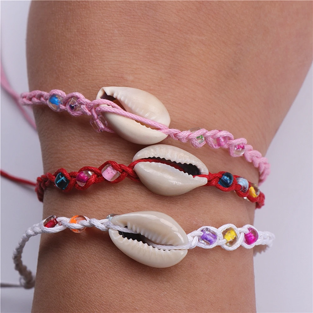 Wholesale Bulk Lots 50pcs Conch Shell Handmade Braided Cotton Rope Jewelry Cuff Bracelet For Women Mix Style Size Adjustable