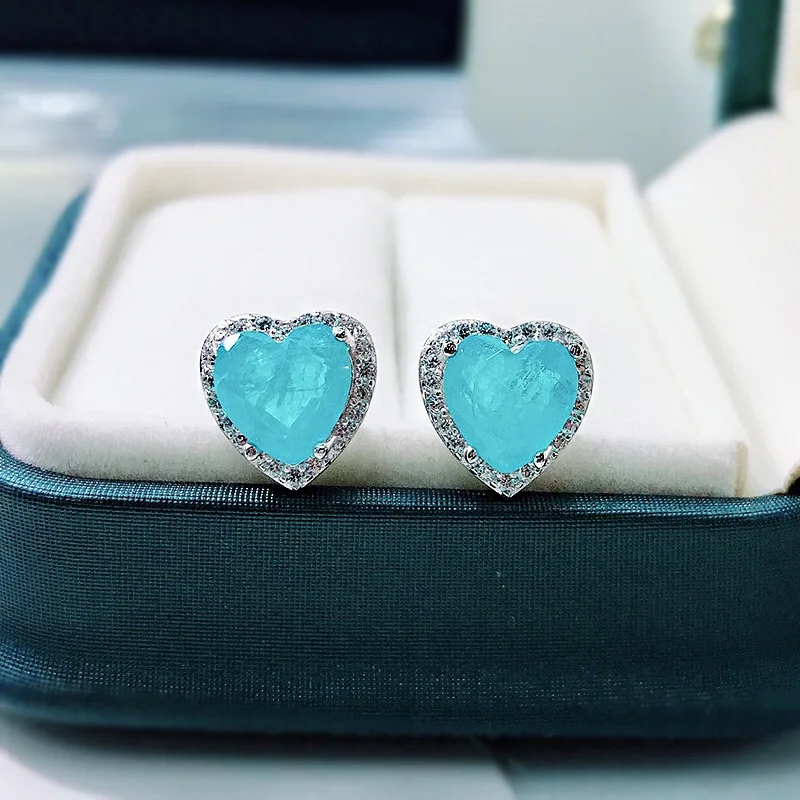 

Trendy 925 Sterling Silver Heart Paraiba Tourmaline Stud Earrings for Women Fine Jewelry 2021 Love Heart Earrings Birthday Gift