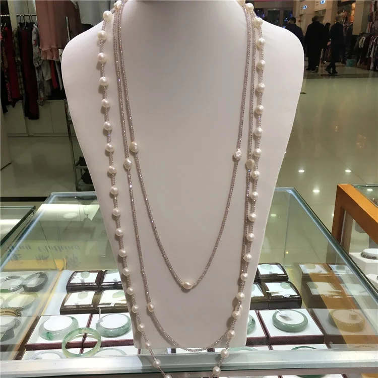 

Double Multi-layer Natural Pearl Crystal Sweater Necklace Long Decorative Necklace