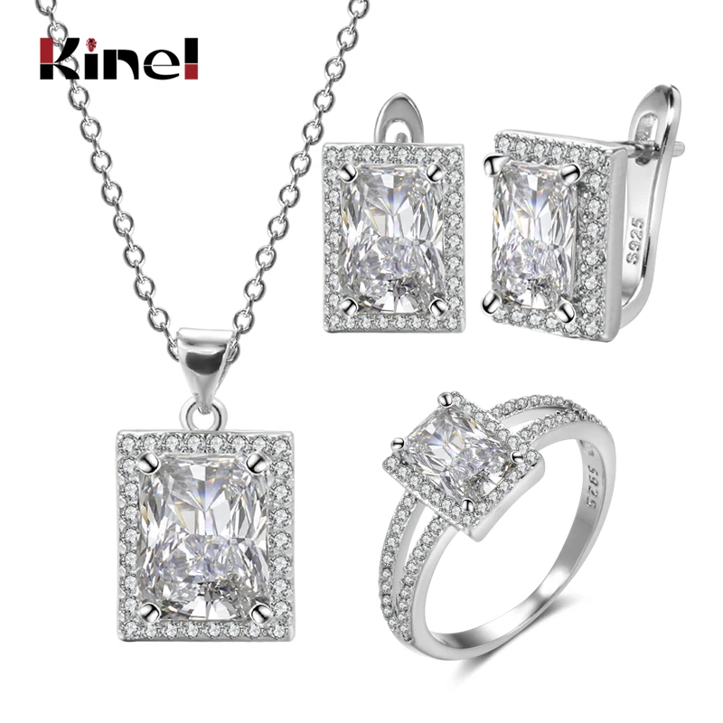 Kinel 925 Silver Natural Zircon Fine Jewelry Sets Women Ring Necklace Earring for Bridal Wedding Jewelry Valentine's Day Gift