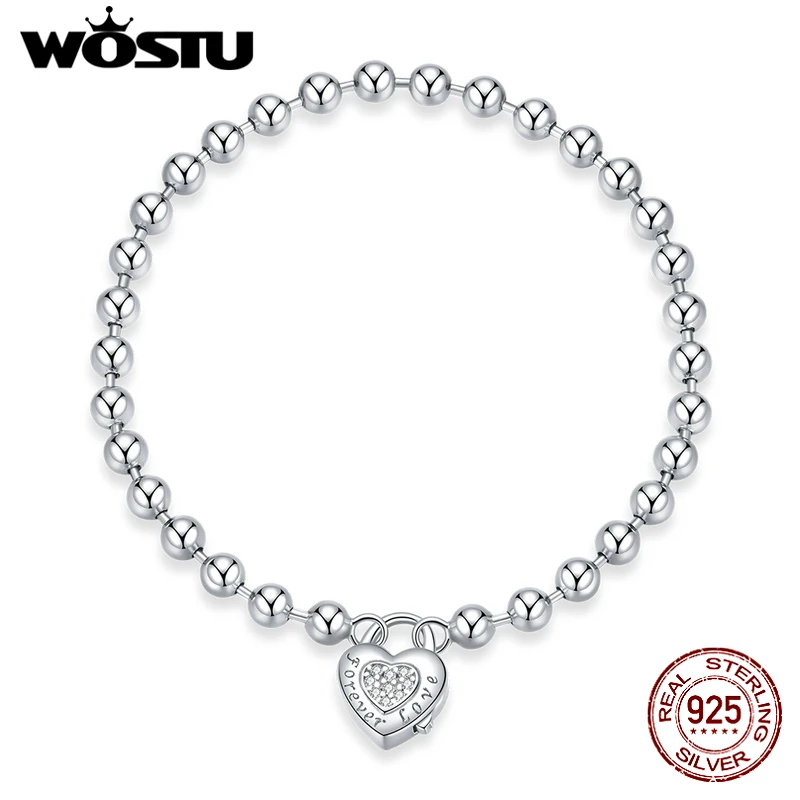 WOSTU Real 925 Sterling Silver Heart Bracelet  Bead Chain Bracelet For Women Wedding Original Bracelet Authentic Jewelry CQB203