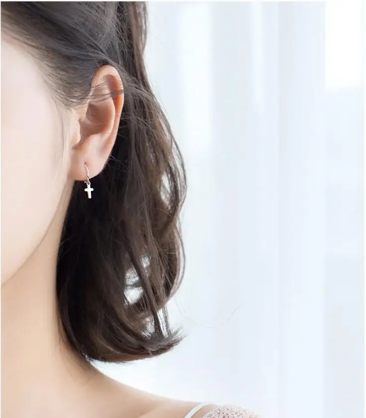 Wanita Fashion 100% 925 Solid Sterling Silver Salib Anting-Anting Kecil Anting-Anting Drop untuk Gadis-gadis Muda Remaja Hadiah Brincos