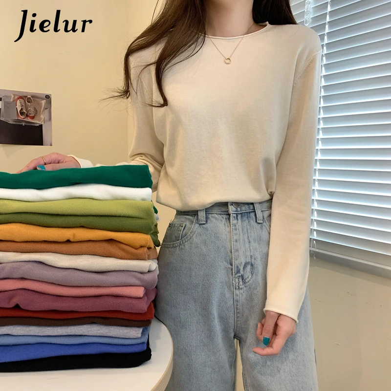 Jielur 16 Colors Autumn Winter Korean Top Female Loose Knitted Sweater Women Long Sleeve Basic Tee Shirt Casual Pure Knitwear