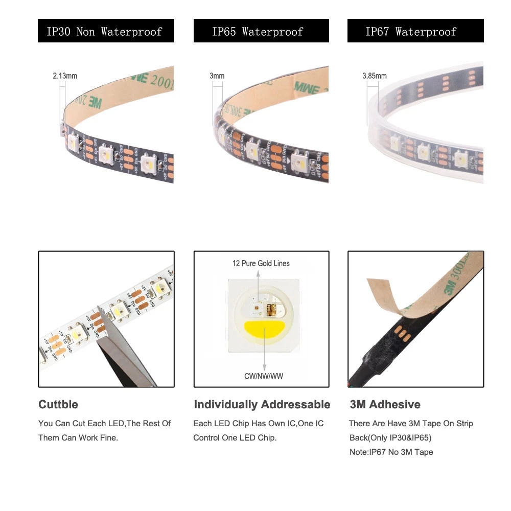 SK6812 RGBW(Similar WS2812B) 4 In 1 30/60/144 Leds/Pixels/m Individual Addressable Led Strip Light Tape IP30/IP65/IP67 DC5V