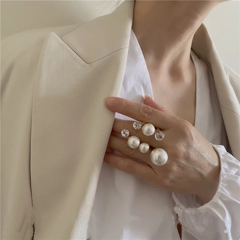 Trendy Oversize Multi Pearl Rings for Women Lady   Irregular Crystal Rhinestone Charm open Ring Korean Wedding party Jewelry