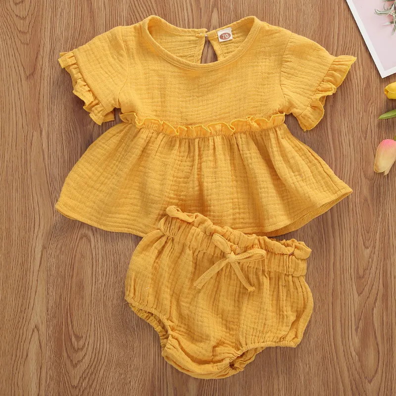 2Pcs Baby Girls Breathable Lace Short Sleeve Ruffles Top Bowknot Shorts Set Toddlers Summer Clothes