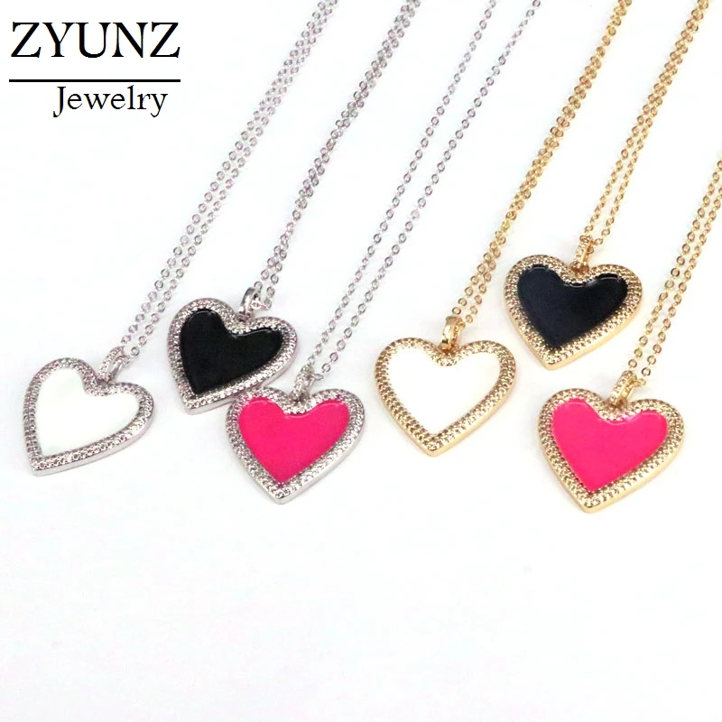 

5PCS, Black White Pink Enamel Heart Pendant Necklace for Women CZ Zircon Lover Couple Necklaces Wedding Jewelry Collier Femme