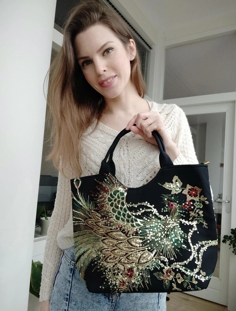 Einkaufstasche mit Pailletten im Ethno-Stil, Handtaschen mit Pfauenstickerei, Vintage-Umhängetasche aus Segeltuch – Detail 14