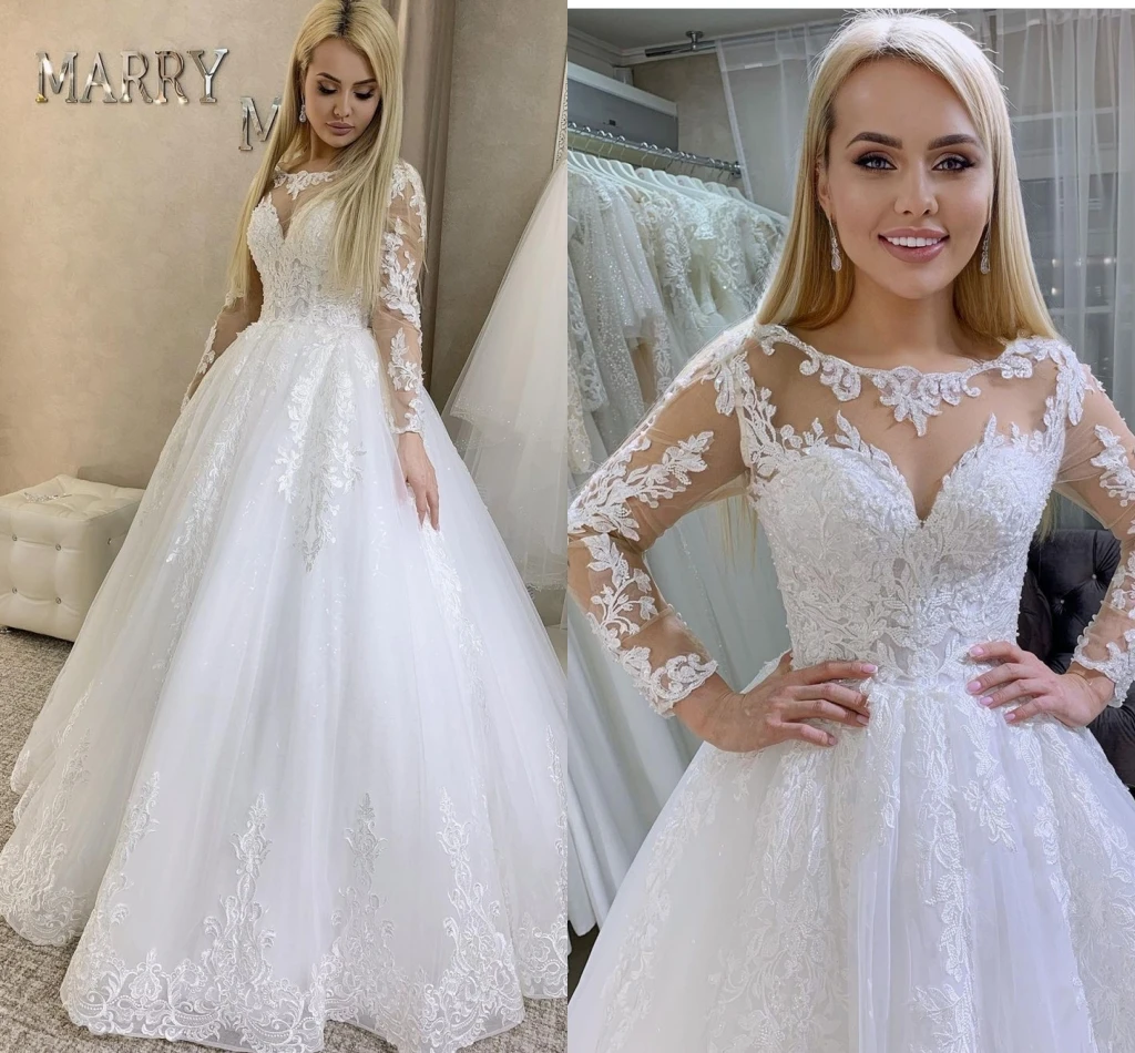 Vestido de novia de tul A la moda, escote en forma de corazón, manga larga, apliques bordados, largo hasta el suelo