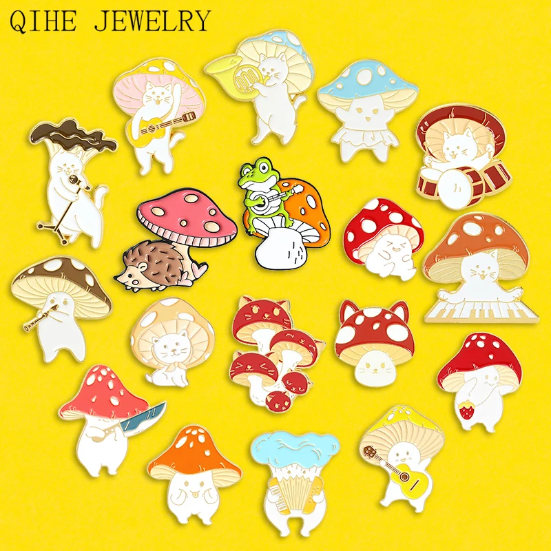 Cute Mushroom Collection And Animal Band Enamel Pin Custom Funny Guitar Accordion Brooches Natural Plants Lapel Pin Badge Brooch