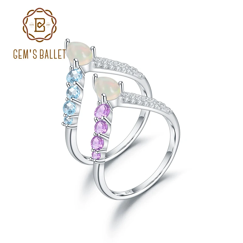 

GEM'S BALLET 925 Sterling Silver Rings Crown Princess for Women Jewelry Natural African Opal Topaz Amethyst Gemstones Stack Ring