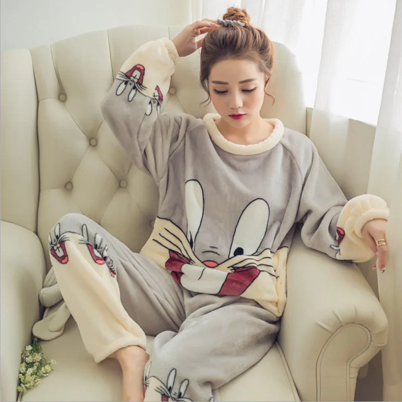 Autumn and winter thick warm flannel pajamas women's long sleeves cute cartoon ladies home service suit a variety of styles