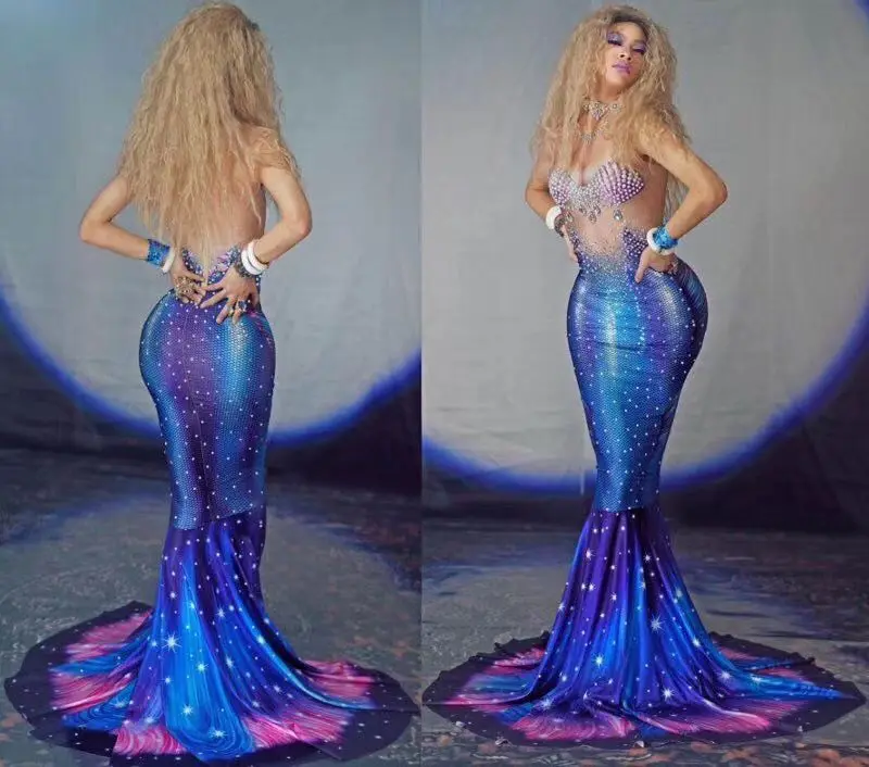 Stretch one-piece evening dress Singer party girl Rhinestone mermaid tail dress stage costume