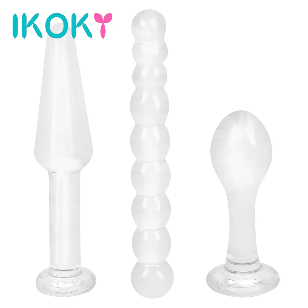 IKOKY 3Pcs/set Glass Anal Plug Crystal Butt Plug Prostate Massager Butt Stimulation Adult Sex Toys for Women Men Anal Dildo Bead