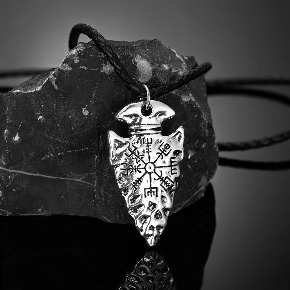 Uomini Viking Spear Compass collane Norse rune amuleto Helm of Awe Vegvisir ciondolo in acciaio inossidabile/gioielli a catena in vera pelle