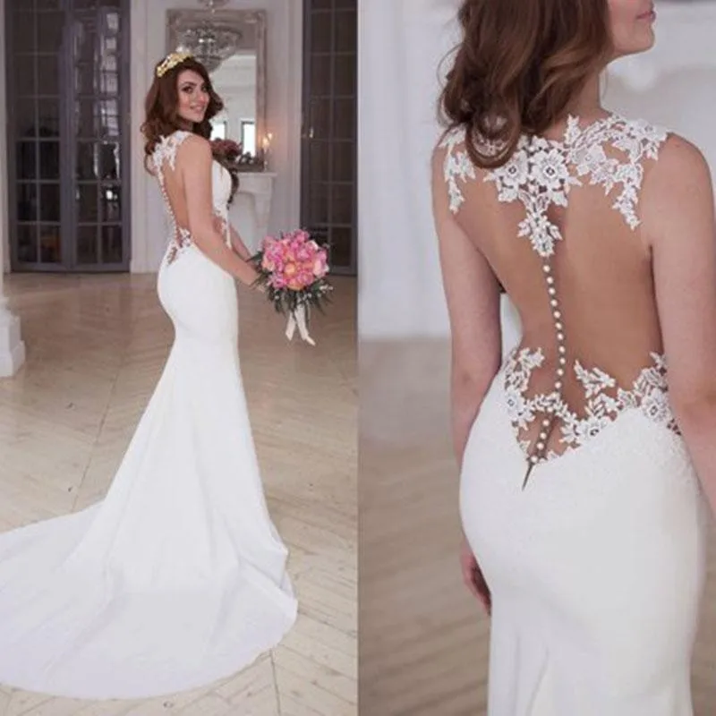 Sexy Meerjungfrau Hochzeit Kleider 2020 Appliques Spitze Strand Braut Kleid Nach Maß Durchsichtig Zurück Sweep Zug Kleid Plus Größe china