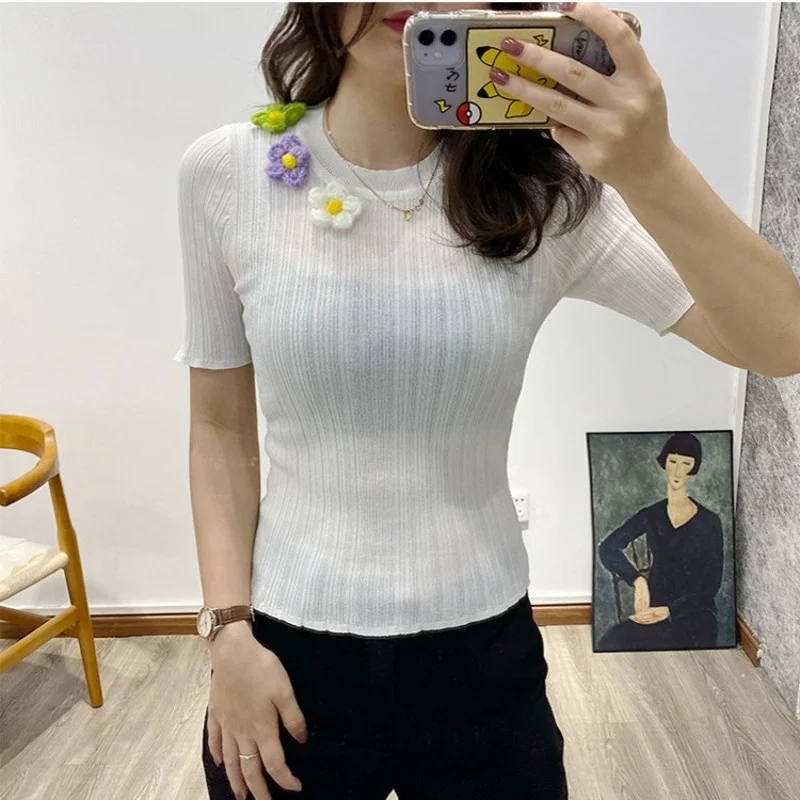 

O-Neck Fashion Flower Tops Women Spring Summer New White Knitting T Shirt Street Pullover Short Sleeve Slim T Shirt Female