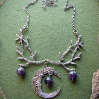Gothic Purple Crystal Crescent Moon Branches Necklace Witch Pendant Fantasy Forest Twig Women Jewellery Statement Wedding Wicca