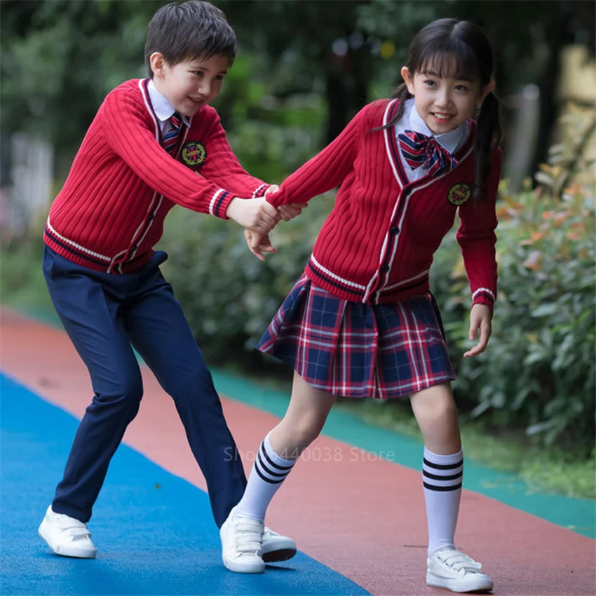 Camisas escolares infantis, casaco e calças estilo xadrez, uniforme de algodão, moda coreana para meninos e meninas, japonês para jardim de infância