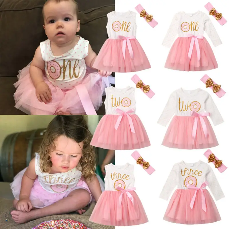 Stylish Newborn  Baby Girls Dress Princess My 1st  Birthday Party Donut Letters Tutu Tulle Dresses Headband Outfit Vestidos