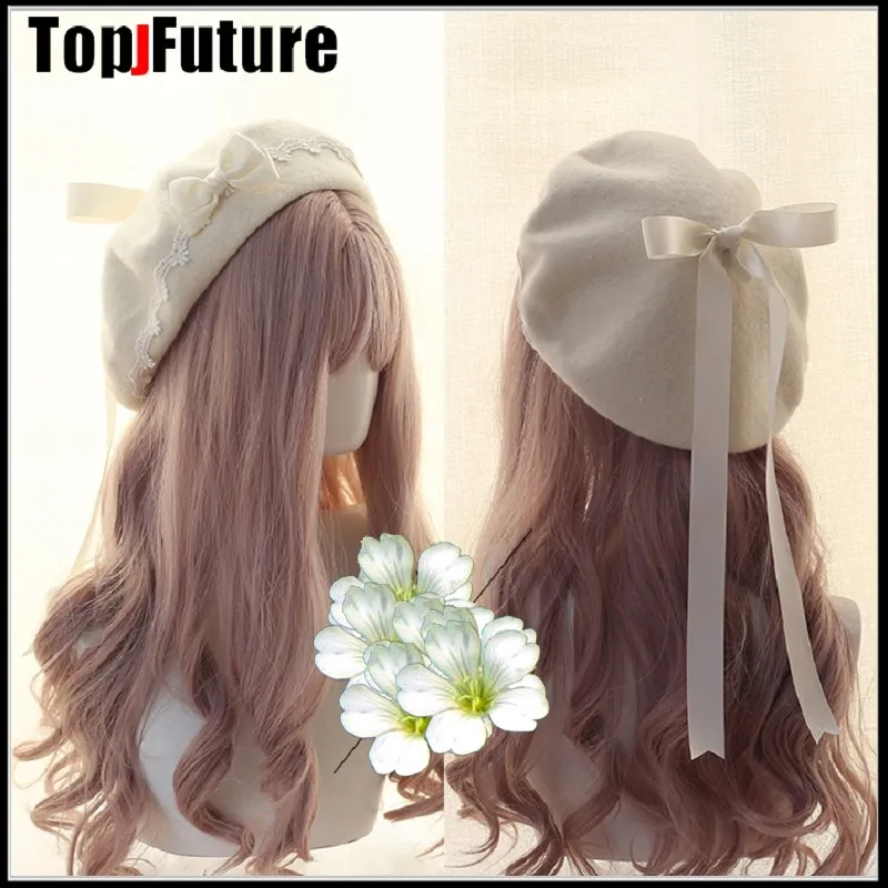 Japanese girl Kawaii Beret Hat Lolita Teenage heart Sweet Woolen Handmade Cute Lace Bowknot Warm  Winter Painter Hat Headdress