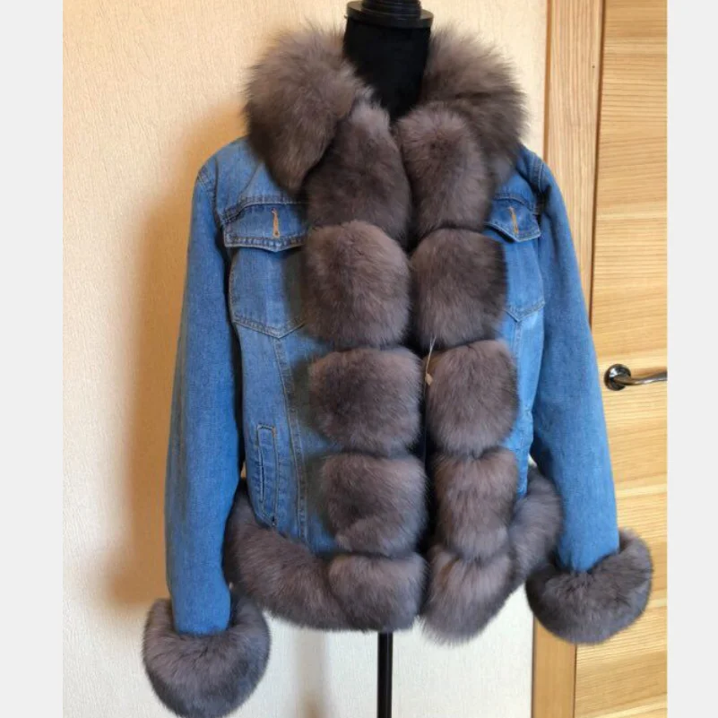 Women's Real Natural Fox Fur Denim Jacket, Parker Clothing, Rabbit Fur Lining, Warm Fashion, Casual