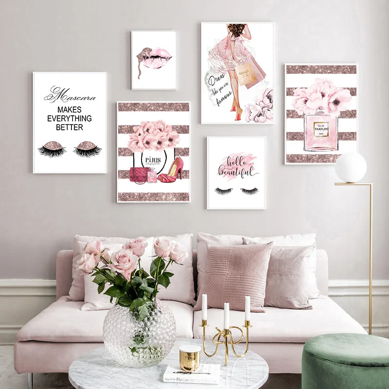 Pink Flower Perfume Fashion Poster Eyelash Lips Makeup Print Canvas Art Painting Wall Picture Modern Girl Room Home Decoration