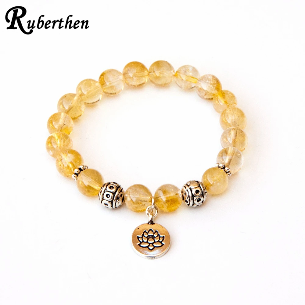 Ruberthen Natural Yellow Crystal Bracelet Trendy Design Women`s Lotus Yoga Mala Bracelet Vintage Style Healing Balance Bracelet