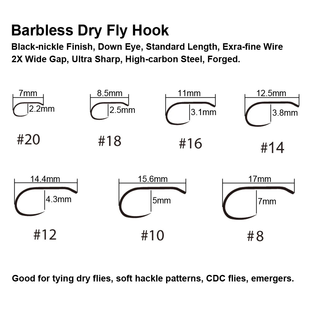 Bimoo 20pcs Barbless Dry Fly Hook 2X Wide Gap Nymph Forged Hook Black Nickel Finish Fly Tying Material Sizes 8 10 12 14 16 18 20