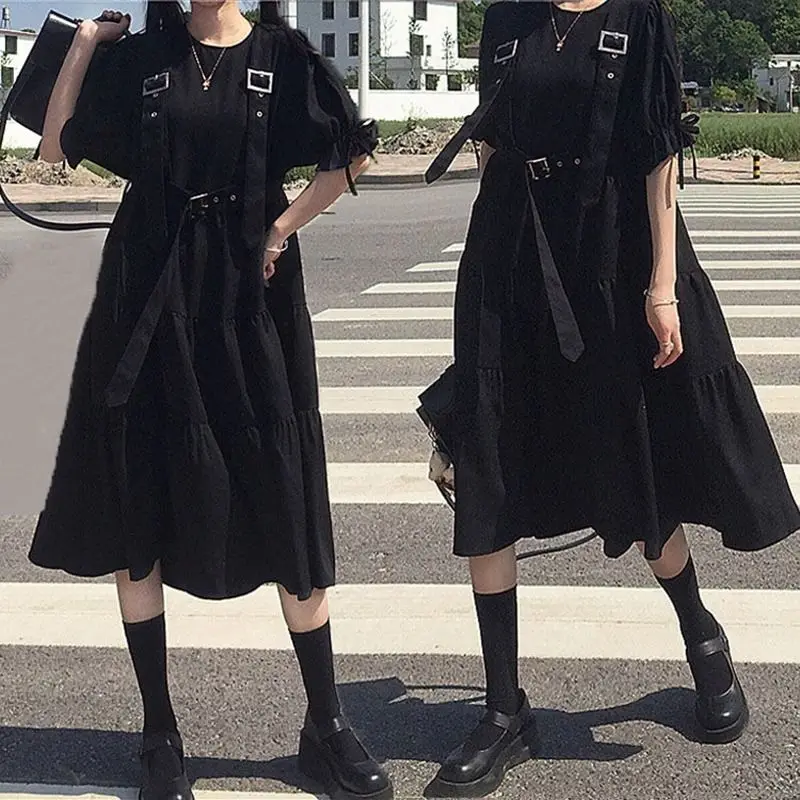 

Vintage Summer Short-Sleeved Women's Korean-Style Loose Pleated A- line Dress Woman Dress Vestido De Mujer Femme Robe