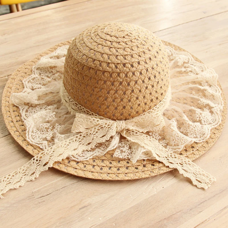 Sombreros de Sol de encaje para mujer, sombrero de paja de ala ancha para playa, sombrero de paja flexible para mujer, sombrero de paja con flecos sólidos, sombrero de verano Chapeu