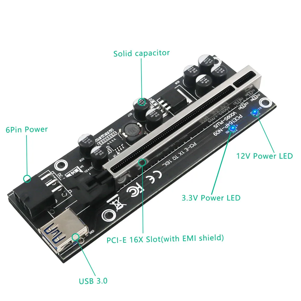 مهايئ بطاقة مهايئ من PCIE Riser 009S Plus USB3.0 Riser لبطاقات الفيديو طراز PCI Express x16 بطاقة مهايئ من SATA من 15 إلى 6 سنون طاقة للتعدين