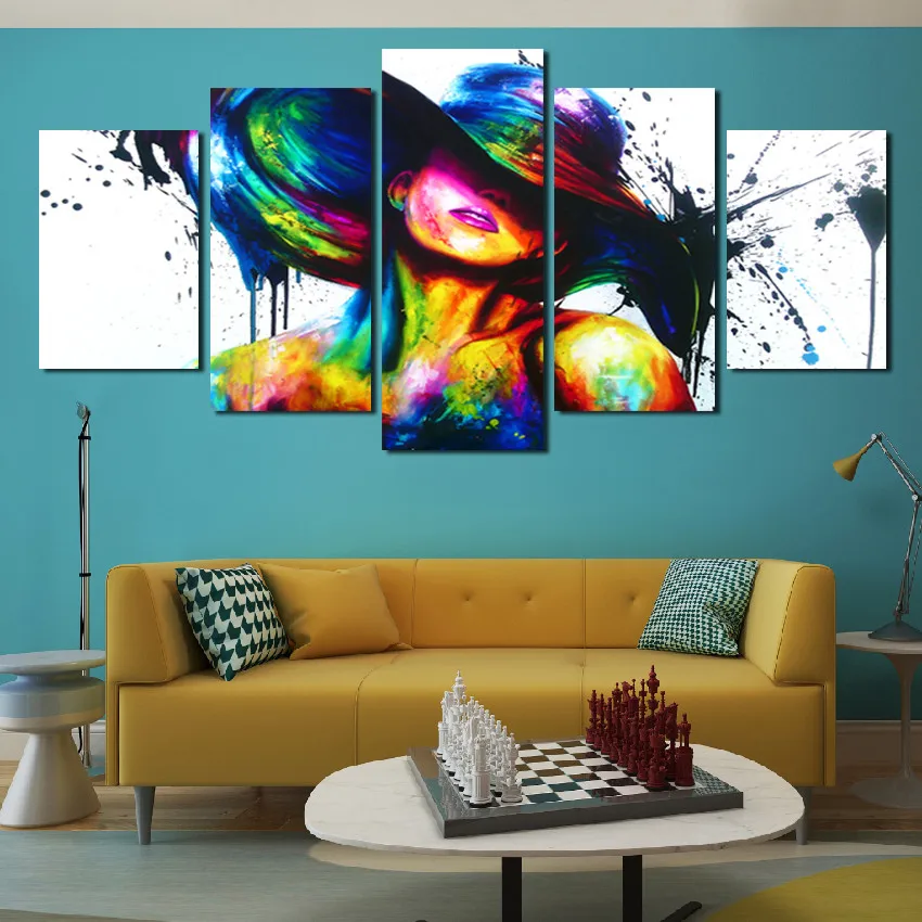 5Pcs Fashion Woman Wall Painting Paint with Hat Graffiti Multicolor Abstract Modern Home Decoration Frameless Canvas Poster