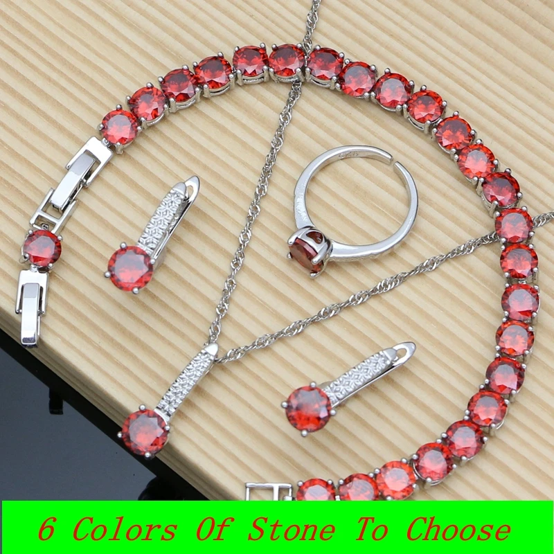 

Women Bride Silver 925 Jewelry Sets Natural Red Garnet Hoop Earrings Bracelet Resizable Ring Birthstone Necklace Sets