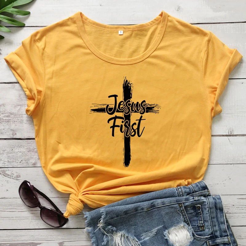 Cross Jesus First 100% Cotton T-shirt Catholic Christian Bible Top Tee Shirt Women Religious Christ Faith Tshirt