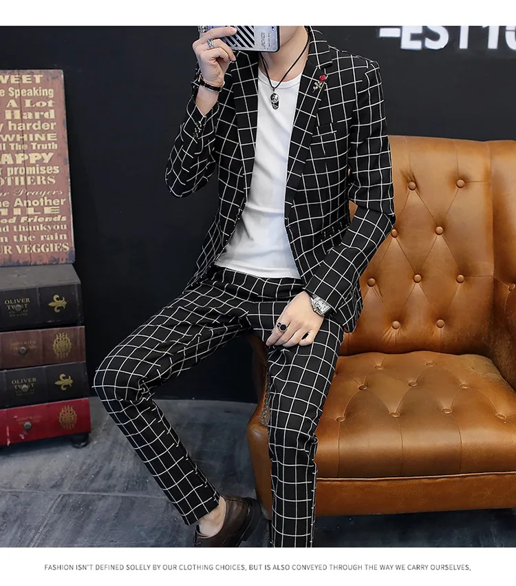 

Latest Coat Pant Designs Formal Black Plaid Custom Made Tuxedo Slim Fit Suits For Men 2 Piece Terno Wedding Suit Jacket Pants